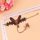 Retro Charm Women Sexy Black Lace Bracelet Ring Chain with Butterfly Pattern Red Rhinestone for Halloween Christmas Masquerade