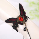 Retro Charm Women Sexy Black Lace Bracelet Ring Chain with Butterfly Pattern Red Rhinestone for Halloween Christmas Masquerade