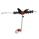 Retro Charm Women Sexy Black Lace Bracelet Ring Chain with Butterfly Pattern Red Rhinestone for Halloween Christmas Masquerade