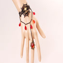 Latest Novel Charm Black Lace Bracelet Adjustable Ring Chain with Gold Skeleton Head Spider Cobweb Red Rhinestone for Halloween