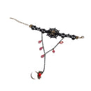 Latest Novel Charm Black Lace Bracelet Adjustable Ring Chain with Gold Skeleton Head Spider Cobweb Red Rhinestone for Halloween