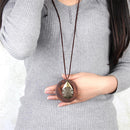 Women Girls Vintage Water Drop Shaped Wood Sweater Pendant Necklace Chain