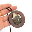 Women Girls Vintage Water Drop Shaped Wood Sweater Pendant Necklace Chain