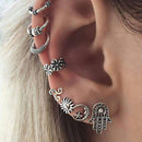8pcs Women Cuff Earrings Set Antique Silver Sun Fatima Carved Stud Earrings