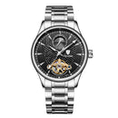 TEVISE Black Dial Automatic Mechanical Watch For Mens Stainless Steel Tourbillion Moon Luminous