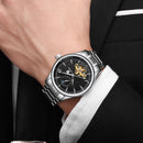 TEVISE Black Dial Automatic Mechanical Watch For Mens Stainless Steel Tourbillion Moon Luminous