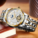 TEVISE Automatic Mechanical Watch Tourbillion Moon Phase Luminous Rome Numeral White Gold Stainless Steel WristWatches