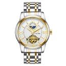 TEVISE Automatic Mechanical Watch Tourbillion Moon Phase Luminous Rome Numeral White Gold Stainless Steel WristWatches