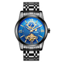TEVISE Mens Automatic Mechanical Watch 24 Hours Moonphase Tourbillion Blue Round Dial Men's Wrist Watches