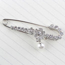 Large 7.8x1.8cm Crystal Faux Pearl Pendant Safety Pin Bow Brooch Women Dress