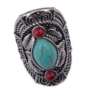 Vintage Bohemia Tibetan Ethnic Siver Turquoise Engraving Leaf Finger Ring