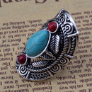 Vintage Bohemia Tibetan Ethnic Siver Turquoise Engraving Leaf Finger Ring