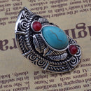 Vintage Bohemia Tibetan Ethnic Siver Turquoise Engraving Leaf Finger Ring