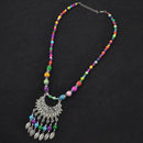 Boho Style Colorful Acrylic Beads Chain Alloy Leaves Tassel Pendant Necklace