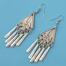 Vintage Style Silver Alloy Carved Flower Geometric Tassel Dangle Earrings