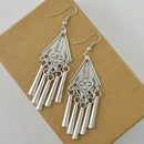 Vintage Style Silver Alloy Carved Flower Geometric Tassel Dangle Earrings