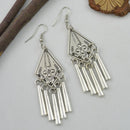 Vintage Style Silver Alloy Carved Flower Geometric Tassel Dangle Earrings