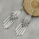 Vintage Style Silver Alloy Carved Flower Geometric Tassel Dangle Earrings