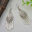 Vintage Style Silver Alloy Carved Flower Geometric Tassel Dangle Earrings