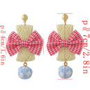 Fashion Earrings Large Pink Plaid Fabric Bow Earrings Plush Ball Drop Dangle