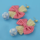 Fashion Earrings Large Pink Plaid Fabric Bow Earrings Plush Ball Drop Dangle