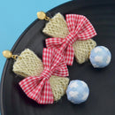 Fashion Earrings Large Pink Plaid Fabric Bow Earrings Plush Ball Drop Dangle