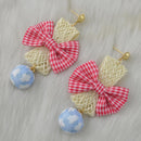 Fashion Earrings Large Pink Plaid Fabric Bow Earrings Plush Ball Drop Dangle