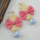 Fashion Earrings Large Pink Plaid Fabric Bow Earrings Plush Ball Drop Dangle