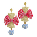 Fashion Earrings Large Pink Plaid Fabric Bow Earrings Plush Ball Drop Dangle