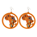 Orange Africa Map Natural Wood Earrings Round Tribal Wooden Danglers Jewelry