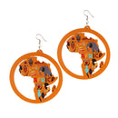 Orange Africa Map Natural Wood Earrings Round Tribal Wooden Danglers Jewelry