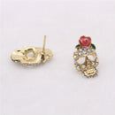 Fashion Gold Tone Women Girls Crystal Rose Flower On Skull Ear Stud Earrings Jewelry