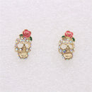 Fashion Gold Tone Women Girls Crystal Rose Flower On Skull Ear Stud Earrings Jewelry