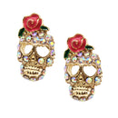 Fashion Gold Tone Women Girls Crystal Rose Flower On Skull Ear Stud Earrings Jewelry