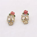 Fashion Gold Tone Women Girls Crystal Rose Flower On Skull Ear Stud Earrings Jewelry