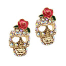 Fashion Gold Tone Women Girls Crystal Rose Flower On Skull Ear Stud Earrings Jewelry