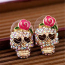Fashion Gold Tone Women Girls Crystal Rose Flower On Skull Ear Stud Earrings Jewelry