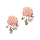 Charm Enamel Rose Mini Pearl Rhinestone Studs Piercing Earrings for Women