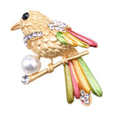 Cute Bird Crystal Faux Pearl Bird with Colorful Feather Brooch Pin Jewelry