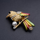 Cute Bird Crystal Faux Pearl Bird with Colorful Feather Brooch Pin Jewelry