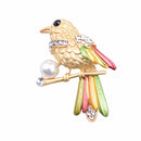 Cute Bird Crystal Faux Pearl Bird with Colorful Feather Brooch Pin Jewelry