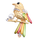 Cute Bird Crystal Faux Pearl Bird with Colorful Feather Brooch Pin Jewelry
