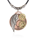 Vintage Steampunk Angle Wing & Gear Pendant Necklace With Leather Rope Chain
