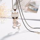 Cute Cat Pearl Opal Diamond Pendant Charm Dress Sweater Necklace for Women Girl