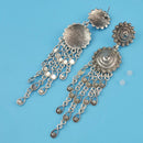 Boho Women Tibetan Silver Carving Coin Tassel Drop Dangle Ear Stud Earrings