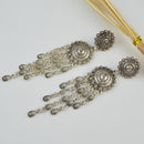 Boho Women Tibetan Silver Carving Coin Tassel Drop Dangle Ear Stud Earrings