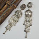 Boho Women Tibetan Silver Carving Coin Tassel Drop Dangle Ear Stud Earrings