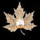 Women Elegant Artificial Pearl Crystal Gold Plated Alloy Maple Leaf Brooch