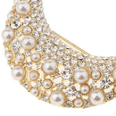 Fashion Gold Rhinestone Crystal Artificial Pearl Moon Shape Metal Brooch Pin