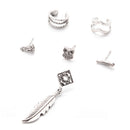 Vintage Style Antique Silver Leaf Earring Buddha Owl Feather Stud Clips Set for Women and Girls